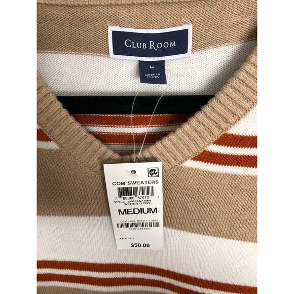 Club Room Men's Size Medium Stripe V-Neck Sweater Tan/Rust NEW - Picture 2 of 6